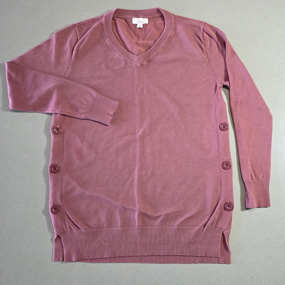 Found Womens V-Neck Button Side Slit Knit Sweater Mauve Pink Medium F-0246